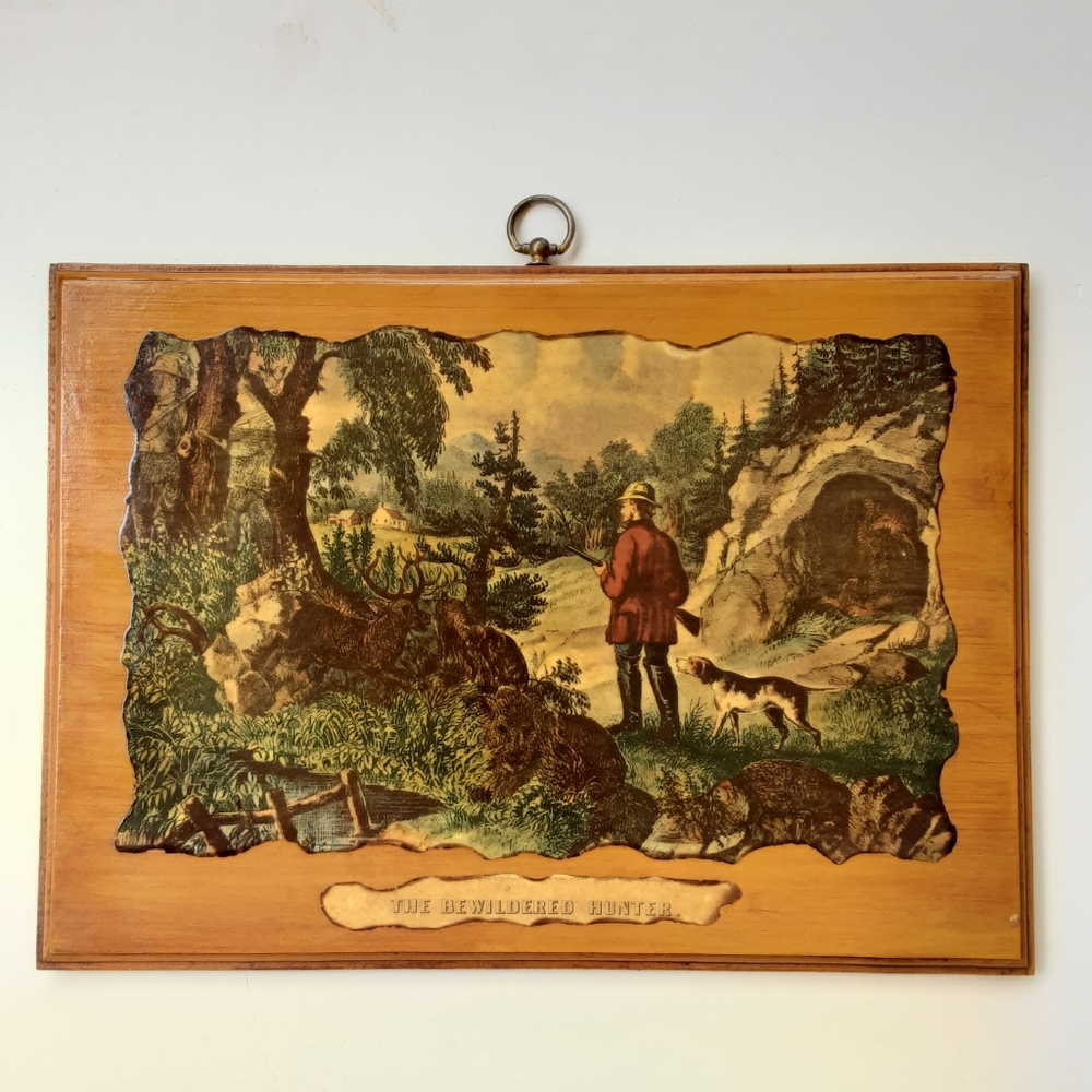 Vintage Wood Mount "The Bewildered Hunter" Currier & Ives Color Art Print Rustic